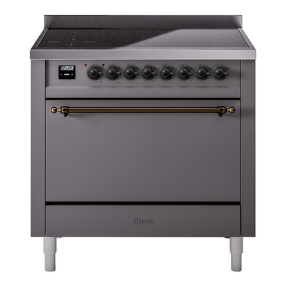 ILVE Nostalgie II 36-Inch Induction Range with 6 Induction Elements, 3.5 cu. ft. Oven, Graphite Matte with Burnished Trim, Solid Door, UPI366QNMPMGB