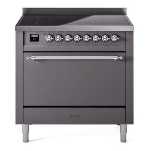 ILVE Nostalgie II 36-Inch Induction Range with 6 Induction Elements, 3.5 cu. ft. Oven, Graphite Matte with Chrome Trim, Solid Door, UPI366QNMPMGC