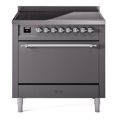 ILVE Nostalgie II 36-Inch Induction Range with 6 Induction Elements, 3.5 cu. ft. Oven, Graphite Matte with Chrome Trim, Solid Door, UPI366QNMPMGC
