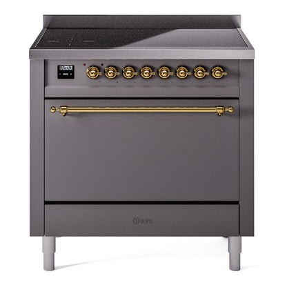 ILVE Nostalgie II 36-Inch Induction Range with 6 Induction Elements, 3.5 cu. ft. Oven, Graphite Matte with Brass Trim, Solid Door, UPI366QNMPMGG
