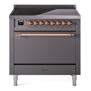 ILVE Nostalgie II 36-Inch Induction Range with 6 Induction Elements, 3.5 cu. ft. Oven, Graphite Matte with Copper Trim, Solid Door, UPI366QNMPMGP