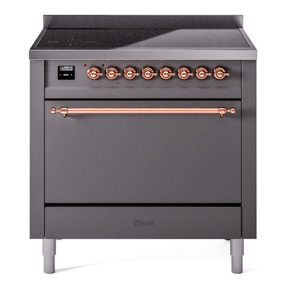 ILVE Nostalgie II 36-Inch Induction Range with 6 Induction Elements, 3.5 cu. ft. Oven, Graphite Matte with Copper Trim, Solid Door, UPI366QNMPMGP