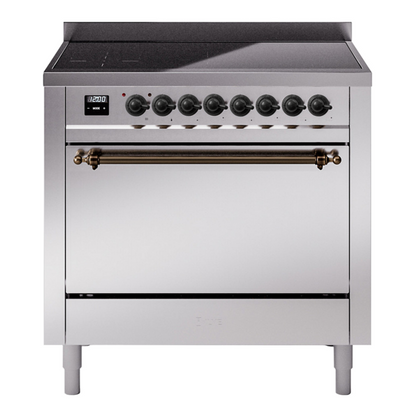 ILVE Nostalgie II 36-Inch Induction Range with 6 Induction Elements, 3.5 cu. ft. Oven, Stainless Steel with Burnished Trim, Solid Door, UPI366QNMPSSB