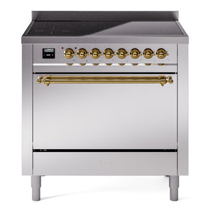 ILVE Nostalgie II 36-Inch Induction Range with 6 Induction Elements, 3.5 cu. ft. Oven, Stainless Steel with Brass Trim, Solid Door, UPI366QNMPSSG