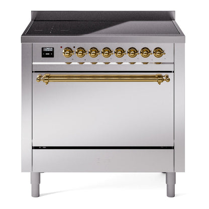 ILVE Nostalgie II 36-Inch Induction Range with 6 Induction Elements, 3.5 cu. ft. Oven, Stainless Steel with Brass Trim, Solid Door, UPI366QNMPSSG
