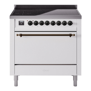ILVE Nostalgie II 36-Inch Induction Range with 6 Induction Elements, 3.5 cu. ft. Oven, White with Burnished Trim, Solid Door, UPI366QNMPWHB
