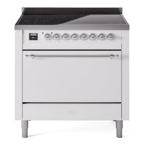ILVE Nostalgie II 36-Inch Induction Range with 6 Induction Elements, 3.5 cu. ft. Oven, White with Chrome Trim, Solid Door, UPI366QNMPWHC