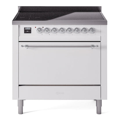 ILVE Nostalgie II 36-Inch Induction Range with 6 Induction Elements, 3.5 cu. ft. Oven, White with Chrome Trim, Solid Door, UPI366QNMPWHC