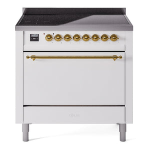 ILVE Nostalgie II 36-Inch Induction Range with 6 Induction Elements, 3.5 cu. ft. Oven, White with Brass Trim, Solid Door, UPI366QNMPWHG