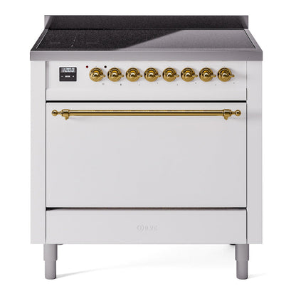 ILVE Nostalgie II 36-Inch Induction Range with 6 Induction Elements, 3.5 cu. ft. Oven, White with Brass Trim, Solid Door, UPI366QNMPWHG