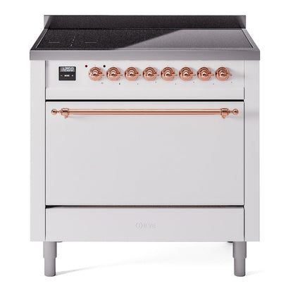 ILVE Nostalgie II 36-Inch Induction Range with 6 Induction Elements, 3.5 cu. ft. Oven, White with Copper Trim, Solid Door, UPI366QNMPWHP