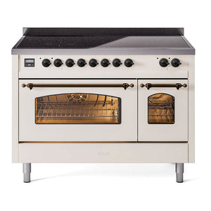 ILVE Nostalgie II 48-Inch Induction Range with 6 Induction Elements, 5.02 cu. ft. Oven, Antique White with Burnished Trim, Triple Glass Door, UPI486NMPAWB