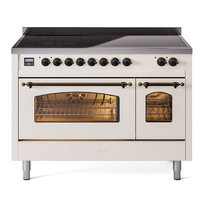 ILVE Nostalgie II 48-Inch Induction Range with 6 Induction Elements, 5.02 cu. ft. Oven, Antique White with Burnished Trim, Triple Glass Door, UPI486NMPAWB