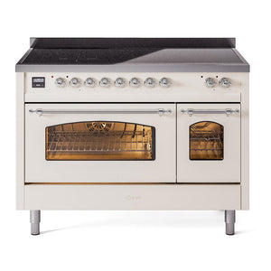 ILVE Nostalgie II 48-Inch Induction Range with 6 Induction Elements, 5.02 cu. ft. Oven, Antique White with Chrome Trim, Triple Glass Door, UPI486NMPAWC