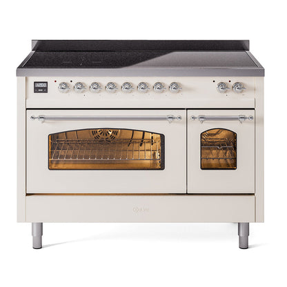 ILVE Nostalgie II 48-Inch Induction Range with 6 Induction Elements, 5.02 cu. ft. Oven, Antique White with Chrome Trim, Triple Glass Door, UPI486NMPAWC