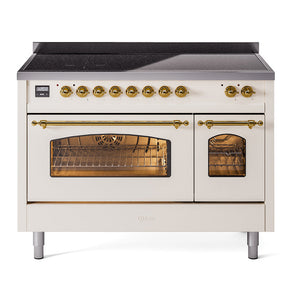 ILVE Nostalgie II 48-Inch Induction Range with 6 Induction Elements, 5.02 cu. ft. Oven, Antique White with Brass Trim, Triple Glass Door, UPI486NMPAWG