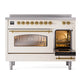 ILVE Nostalgie II 48-Inch Induction Range with 6 Induction Elements, 5.02 cu. ft. Oven, Antique White with Brass Trim, Triple Glass Door, UPI486NMPAWG