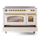 ILVE Nostalgie II 48-Inch Induction Range with 6 Induction Elements, 5.02 cu. ft. Oven, Antique White with Brass Trim, Triple Glass Door, UPI486NMPAWG