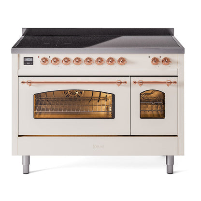 ILVE Nostalgie II 48-Inch Induction Range with 6 Induction Elements, 5.02 cu. ft. Oven, Antique White with Copper Trim, Triple Glass Door, UPI486NMPAWP