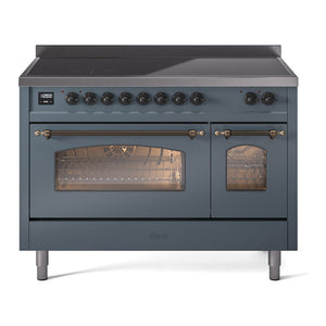 ILVE Nostalgie II 48-Inch Induction Range with 6 Induction Elements, 5.02 cu. ft. Oven, Blue Grey with Burnished Trim, Triple Glass Door, UPI486NMPBGB
