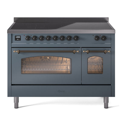 ILVE Nostalgie II 48-Inch Induction Range with 6 Induction Elements, 5.02 cu. ft. Oven, Blue Grey with Burnished Trim, Triple Glass Door, UPI486NMPBGB