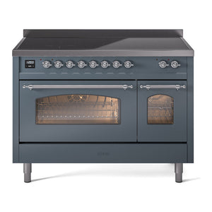 ILVE Nostalgie II 48-Inch Induction Range with 6 Induction Elements, 5.02 cu. ft. Oven, Blue Grey with Chrome Trim, Triple Glass Door, UPI486NMPBGC