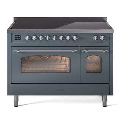 ILVE Nostalgie II 48-Inch Induction Range with 6 Induction Elements, 5.02 cu. ft. Oven, Blue Grey with Chrome Trim, Triple Glass Door, UPI486NMPBGC
