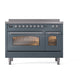 ILVE Nostalgie II 48-Inch Induction Range with 6 Induction Elements, 5.02 cu. ft. Oven, Blue Grey with Chrome Trim, Triple Glass Door, UPI486NMPBGC