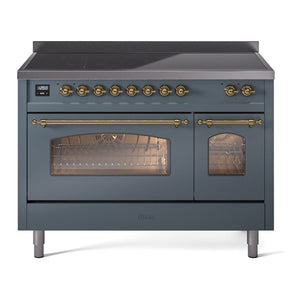 ILVE Nostalgie II 48-Inch Induction Range with 6 Induction Elements, 5.02 cu. ft. Oven, Blue Grey with Brass Trim, Triple Glass Door, UPI486NMPBGG