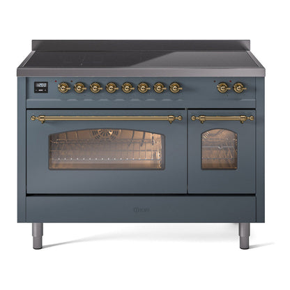 ILVE Nostalgie II 48-Inch Induction Range with 6 Induction Elements, 5.02 cu. ft. Oven, Blue Grey with Brass Trim, Triple Glass Door, UPI486NMPBGG