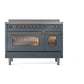 ILVE Nostalgie II 48-Inch Induction Range with 6 Induction Elements, 5.02 cu. ft. Oven, Blue Grey with Brass Trim, Triple Glass Door, UPI486NMPBGG