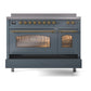 ILVE Nostalgie II 48-Inch Induction Range with 6 Induction Elements, 5.02 cu. ft. Oven, Blue Grey with Brass Trim, Triple Glass Door, UPI486NMPBGG
