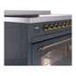 ILVE Nostalgie II 48-Inch Induction Range with 6 Induction Elements, 5.02 cu. ft. Oven, Blue Grey with Brass Trim, Triple Glass Door, UPI486NMPBGG