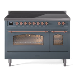 ILVE Nostalgie II 48-Inch Induction Range with 6 Induction Elements, 5.02 cu. ft. Oven, Blue Grey with Copper Trim, Triple Glass Door, UPI486NMPBGP
