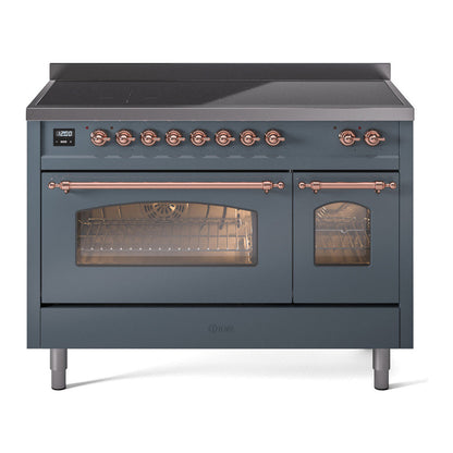 ILVE Nostalgie II 48-Inch Induction Range with 6 Induction Elements, 5.02 cu. ft. Oven, Blue Grey with Copper Trim, Triple Glass Door, UPI486NMPBGP