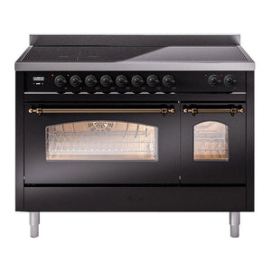 ILVE Nostalgie II 48-Inch Induction Range with 6 Induction Elements, 5.02 cu. ft. Oven, Glossy Black with Burnished Trim, Triple Glass Door, UPI486NMPBKB
