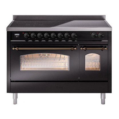 ILVE Nostalgie II 48-Inch Induction Range with 6 Induction Elements, 5.02 cu. ft. Oven, Glossy Black with Burnished Trim, Triple Glass Door, UPI486NMPBKB