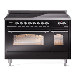 ILVE Nostalgie II 48-Inch Induction Range with 6 Induction Elements, 5.02 cu. ft. Oven, Glossy Black with Chrome Trim, Triple Glass Door, UPI486NMPBKC