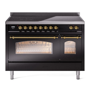 ILVE Nostalgie II 48-Inch Induction Range with 6 Induction Elements, 5.02 cu. ft. Oven, Glossy Black with Brass Trim, Triple Glass Door, UPI486NMPBKG