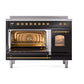 ILVE Nostalgie II 48-Inch Induction Range with 6 Induction Elements, 5.02 cu. ft. Oven, Glossy Black with Brass Trim, Triple Glass Door, UPI486NMPBKG
