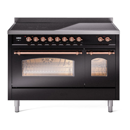 ILVE Nostalgie II 48-Inch Induction Range with 6 Induction Elements, 5.02 cu. ft. Oven, Glossy Black with Copper Trim, Triple Glass Door, UPI486NMPBKP