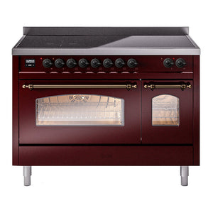 ILVE Nostalgie II 48-Inch Induction Range with 6 Induction Elements, 5.02 cu. ft. Oven, Burgundy with Burnished Trim, Triple Glass Door, UPI486NMPBUB