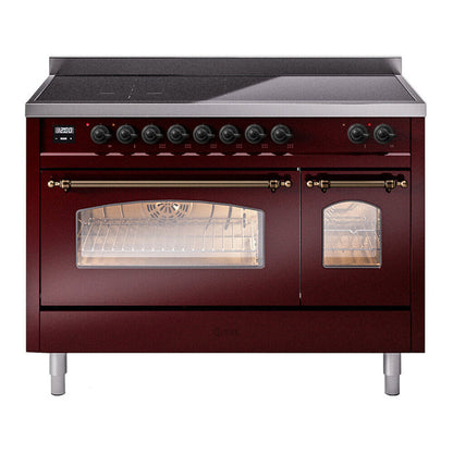 ILVE Nostalgie II 48-Inch Induction Range with 6 Induction Elements, 5.02 cu. ft. Oven, Burgundy with Burnished Trim, Triple Glass Door, UPI486NMPBUB