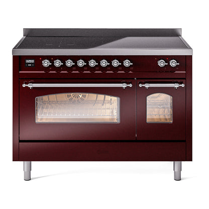 ILVE Nostalgie II 48-Inch Induction Range with 6 Induction Elements, 5.02 cu. ft. Oven, Burgundy with Chrome Trim, Triple Glass Door, UPI486NMPBUC