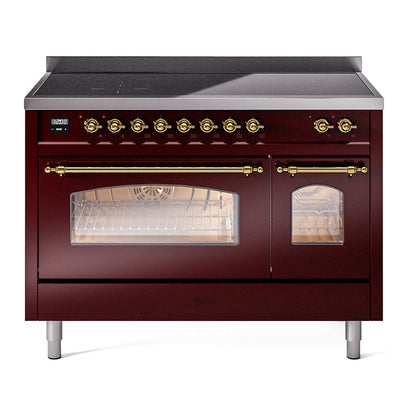 ILVE Nostalgie II 48-Inch Induction Range with 6 Induction Elements, 5.02 cu. ft. Oven, Burgundy with Brass Trim, Triple Glass Door, UPI486NMPBUG
