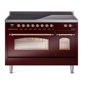 ILVE Nostalgie II 48-Inch Induction Range with 6 Induction Elements, 5.02 cu. ft. Oven, Burgundy with Copper Trim, Triple Glass Door, UPI486NMPBUP