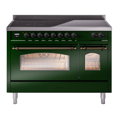 ILVE Nostalgie II 48-Inch Induction Range with 6 Induction Elements, 5.02 cu. ft. Oven, Emerald Green with Burnished Trim, Triple Glass Door, UPI486NMPEGB