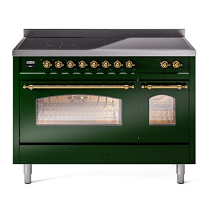 ILVE Nostalgie II 48-Inch Induction Range with 6 Induction Elements, 5.02 cu. ft. Oven, Emerald Green with Brass Trim, Triple Glass Door, UPI486NMPEGG