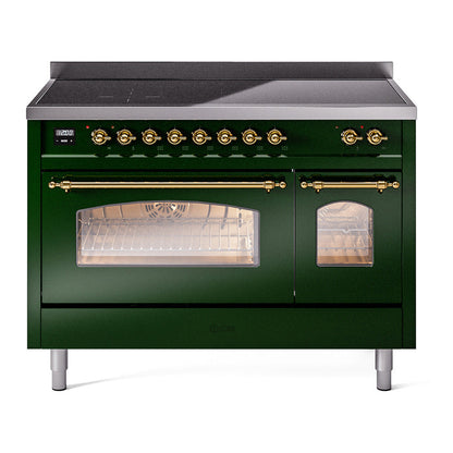 ILVE Nostalgie II 48-Inch Induction Range with 6 Induction Elements, 5.02 cu. ft. Oven, Emerald Green with Brass Trim, Triple Glass Door, UPI486NMPEGG