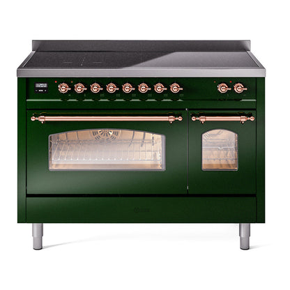 ILVE Nostalgie II 48-Inch Induction Range with 6 Induction Elements, 5.02 cu. ft. Oven, Emerald Green with Copper Trim, Triple Glass Door, UPI486NMPEGP
